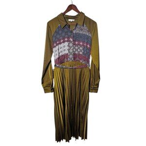 Mystree Patchwork Design Pleated Skirt Satin Long Sleeve Midi Dress Size Large